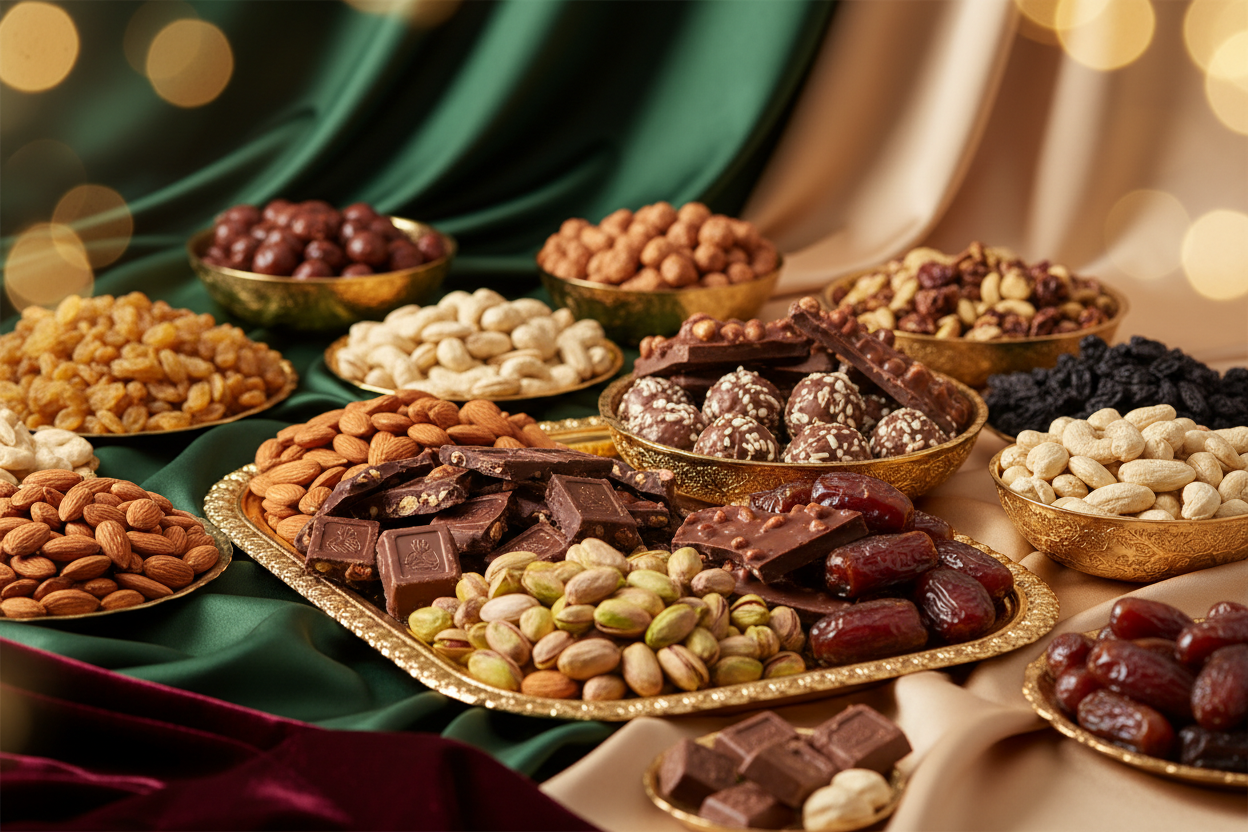 Create a premium high-resolution landscape banner (1960 x 768 px) focused on luxurious dry fruits and chocolates.
Use color theme inspired by #2A6052 (deep green), #F2EFDD (cream beige), and #910F3F (maroon accent), with soft golden lighting for a royal festive look.

Display an assortment of high-quality dry fruits and premium chocolates:
almonds, pistachios, cashews, raisins, dates, chocolate-coated nuts, chocolate bark, truffle pieces, and chocolate gift bars — arranged beautifully on elegant trays and b